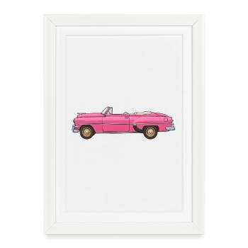 Voiture cabriolet rose vintage rétro - Affiche encadrée (27 × 37 cm) - blanc - Devant