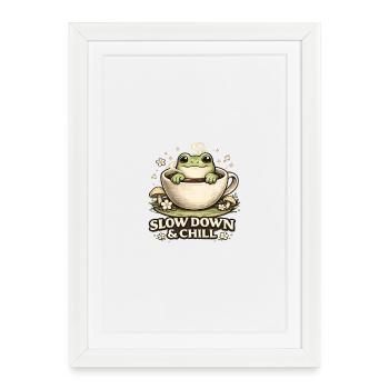 Ralentissez et relaxez – Esthétique de café grenouille mignonne - Affiche encadrée (27 × 37 cm) - blanc - Devant