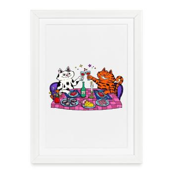 Katzen-Dinnerparty Abendglanz - Gerahmtes Poster (27 × 37 cm) - Weiß - Vorne