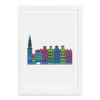 Maisons de la ligne d’horizon du canal de la ville d’Amsterdam Art en lignes - Affiche encadrée (27 × 37 cm) - blanc - Devant