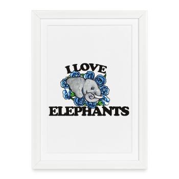 J’adore les éléphants et les roses bleues - Affiche encadrée (27 × 37 cm) - blanc - Devant