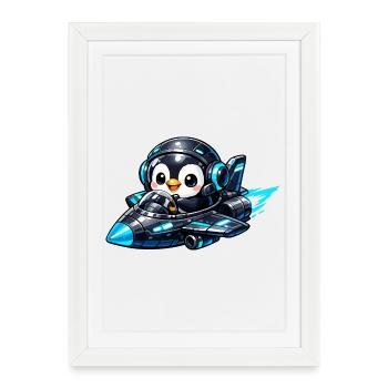 Pilote de pingouin néon dans un avion-fusée - Affiche encadrée (27 × 37 cm) - blanc - Devant