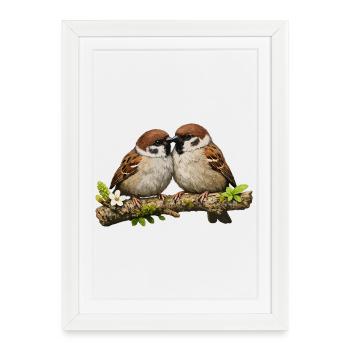 Kissing Sparrows on Branch - Framed poster (27 × 37 cm) - white - Front
