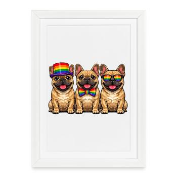 3 Frenchies Pride Dogs Couleurs Arc-en-ciel LGBTQ - Affiche encadrée (27 × 37 cm) - blanc - Devant