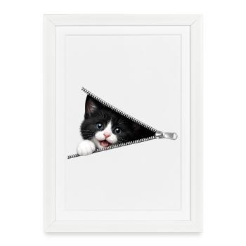 Chat chaton mignon à fermeture éclair - Affiche encadrée (27 × 37 cm) - blanc - Devant