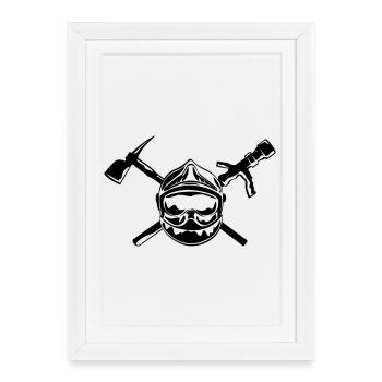 casque_pompier_hache et lance - Affiche encadrée (27 × 37 cm) - blanc - Devant