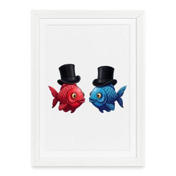 Élégantes paires de poissons avec des chapeaux haut de forme - Affiche encadrée (27 × 37 cm) - blanc - Devant