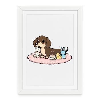 Dachshund with cuddly toys - Framed poster (27 × 37 cm) - white - Front