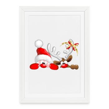 Père Noël drôle et rennes qui espionnent - Affiche encadrée (27 × 37 cm) - blanc - Devant
