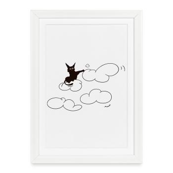 Un mignon chat noir qui taquine un nuage duveteux. Comique. - Affiche encadrée (27 × 37 cm) - blanc - Devant