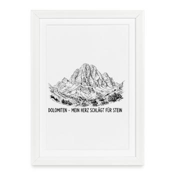Dolomiten - Mein Herz schlägt für Stein | Ikonisch - Gerahmtes Poster (27 × 37 cm) - Weiß - Vorne