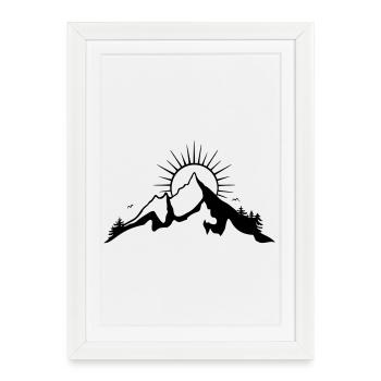 Grandes montagnes avec le soleil, la silhouette. - Affiche encadrée (27 × 37 cm) - blanc - Devant