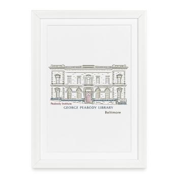 Baltimore, dessin à la main Bibliothèque George Peabody - Affiche encadrée (27 × 37 cm) - blanc - Devant