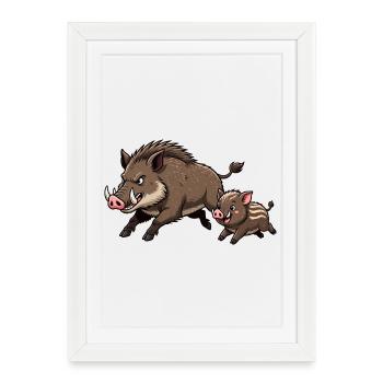 Sanglier sauvage avec jeune sanglier - Affiche encadrée (27 × 37 cm) - blanc - Devant