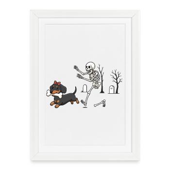 Poursuite d’Halloween entre teckel et squelette - Affiche encadrée (27 × 37 cm) - blanc - Devant