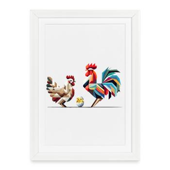 Coq, poule et poussin – Motif géométrique de Pâques - Affiche encadrée (27 × 37 cm) - blanc - Devant