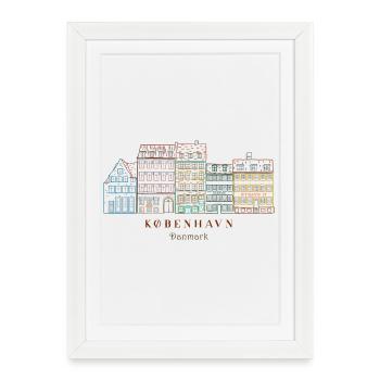 Copenhague, Vieux Port, Maisons dessinées à la main - Affiche encadrée (27 × 37 cm) - blanc - Devant