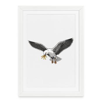 Mouette drôle qui vole des frites sur la plage - Affiche encadrée (27 × 37 cm) - blanc - Devant