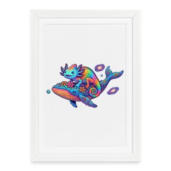Motif fantastique amusant Cosmos néon Cosmos Caméléon et Baleine Fantastique Cool - Affiche encadrée (27 × 37 cm) - blanc - Devant