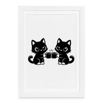 Deux chats qui boivent du café ensemble - Affiche encadrée (27 × 37 cm) - blanc - Devant