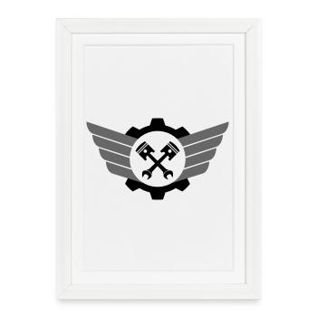 Piston key crossed with gear and wing - Framed poster (27 × 37 cm) - white - Front