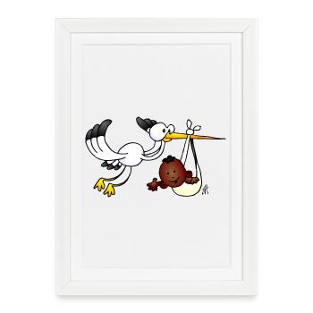 Illustration fantaisiste de cigogne et de bébé oiseau - Affiche encadrée (27 × 37 cm) - blanc - Devant