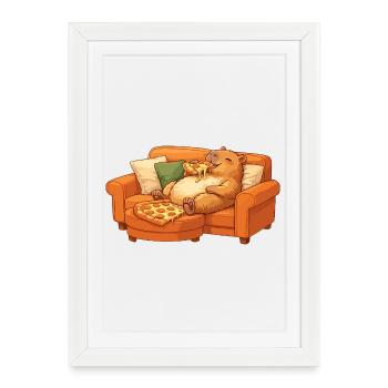 Capybara Sofa Pizza Relaxed Relax Motif - Framed poster (27 × 37 cm) - white - Front