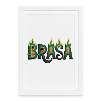 T-shirt Brésil avec flammes – Motif de football samba - Affiche encadrée (27 × 37 cm) - blanc - Devant