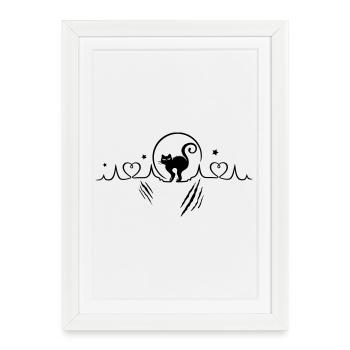 Heartbeat with cat, full moon and stars. - Framed poster (27 × 37 cm) - white - Front
