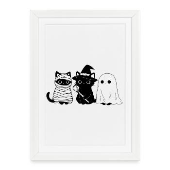 Drôles de chats noirs drôles Halloween Momie Sorcière Fantôme - Affiche encadrée (27 × 37 cm) - blanc - Devant
