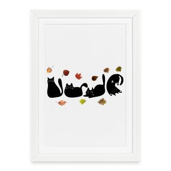 Whimsical Cat Line Art with Autumn Leaves - Framed poster (27 × 37 cm) - white - Front