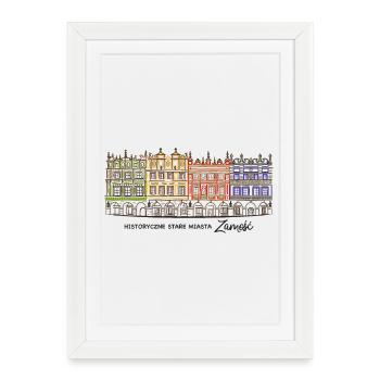 Zamosc en Pologne, façades sur le marché, dessin à la main - Affiche encadrée (27 × 37 cm) - blanc - Devant
