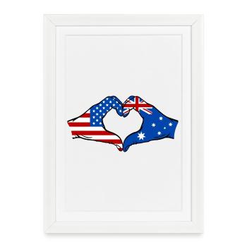États-Unis, Australie, drapeau, main, forme de coeur - Affiche encadrée (27 × 37 cm) - blanc - Devant