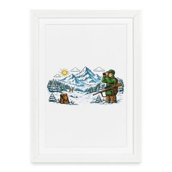 Hunter in a snowy winter landscape - Framed poster (27 × 37 cm) - white - Front
