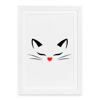 Visage de chat mignon avec un nez en cœur rouge | Style d’art lineal - Affiche encadrée (27 × 37 cm) - blanc - Devant