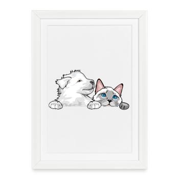 Peeking_Swiss_Shepherd_puppy_and_Siamese_cat - Affiche encadrée (27 × 37 cm) - blanc - Devant