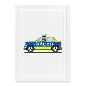 Voiture de police avec policier bleu et jaune - Affiche encadrée (27 × 37 cm) - blanc - Devant