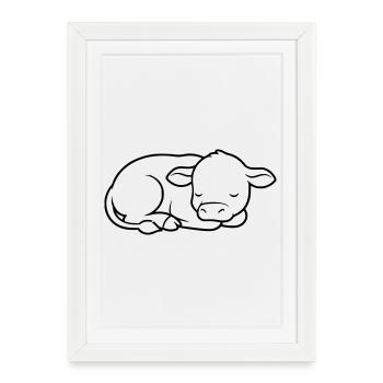 Veau endormi Vache bébé mignon - Affiche encadrée (27 × 37 cm) - blanc - Devant
