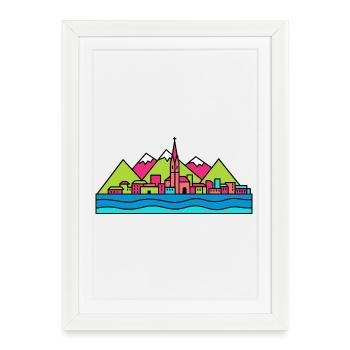 Skyline de la ville de Lugano Lake View Art moderne en ligne - Affiche encadrée (27 × 37 cm) - blanc - Devant