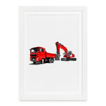 Construction site with excavator and dump truck - Framed poster (27 × 37 cm) - white - Front