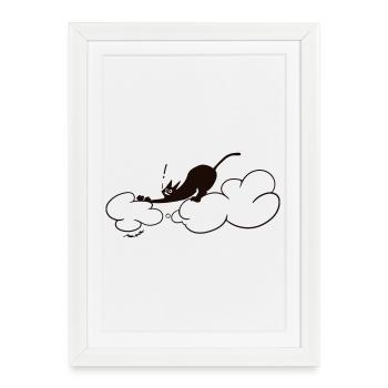 Adorable Chat noir sur les nuages Illustration minimale de chat - Affiche encadrée (27 × 37 cm) - blanc - Devant