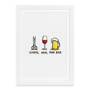 Ciseaux, vin, couple, bière, drôle, jeu de mots de fête - Affiche encadrée (27 × 37 cm) - blanc - Devant