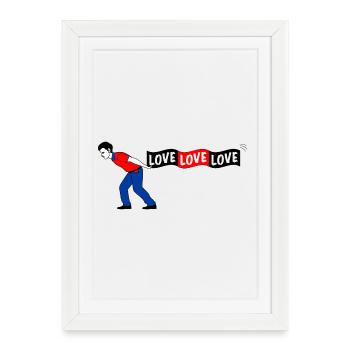 Un homme tire la bannière LOVE - Affiche encadrée (27 × 37 cm) - blanc - Devant
