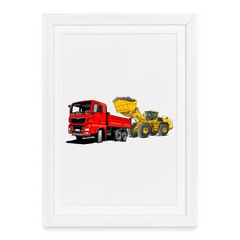 Construction site, truck, wheel loader - Framed poster (27 × 37 cm) - white - Front