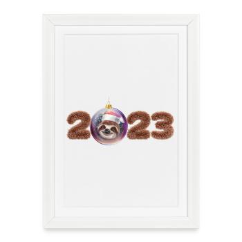 2023 boule de Noël paresseux mignon - Affiche encadrée (27 × 37 cm) - blanc - Devant