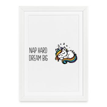 Sieste difficile rêver grand, chat licorne endormi (coloré) - Affiche encadrée (27 × 37 cm) - blanc - Devant