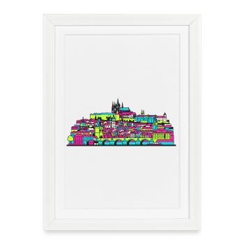 Silhouette de la ville de Prague Charles Bridge Art moderne - Affiche encadrée (27 × 37 cm) - blanc - Devant