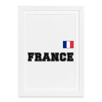 Frankreich Trikot Look - FRANCE mit Fahne Flagge - Gerahmtes Poster (27 × 37 cm) - Weiß - Vorne