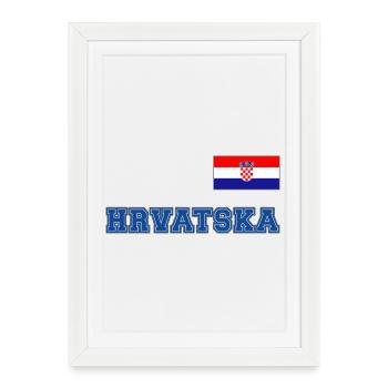 Kroatien Trikot Look – HRVATSKA mit Fahne Flagge - Gerahmtes Poster (27 × 37 cm) - Weiß - Vorne