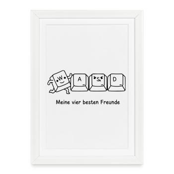 Amis joueurs : WASD | Drôle de dicton pour les joueurs - Affiche encadrée (27 × 37 cm) - blanc - Devant